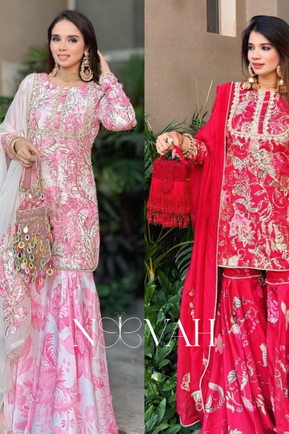 Printed and embriodered gharara suit with patch dupatta
