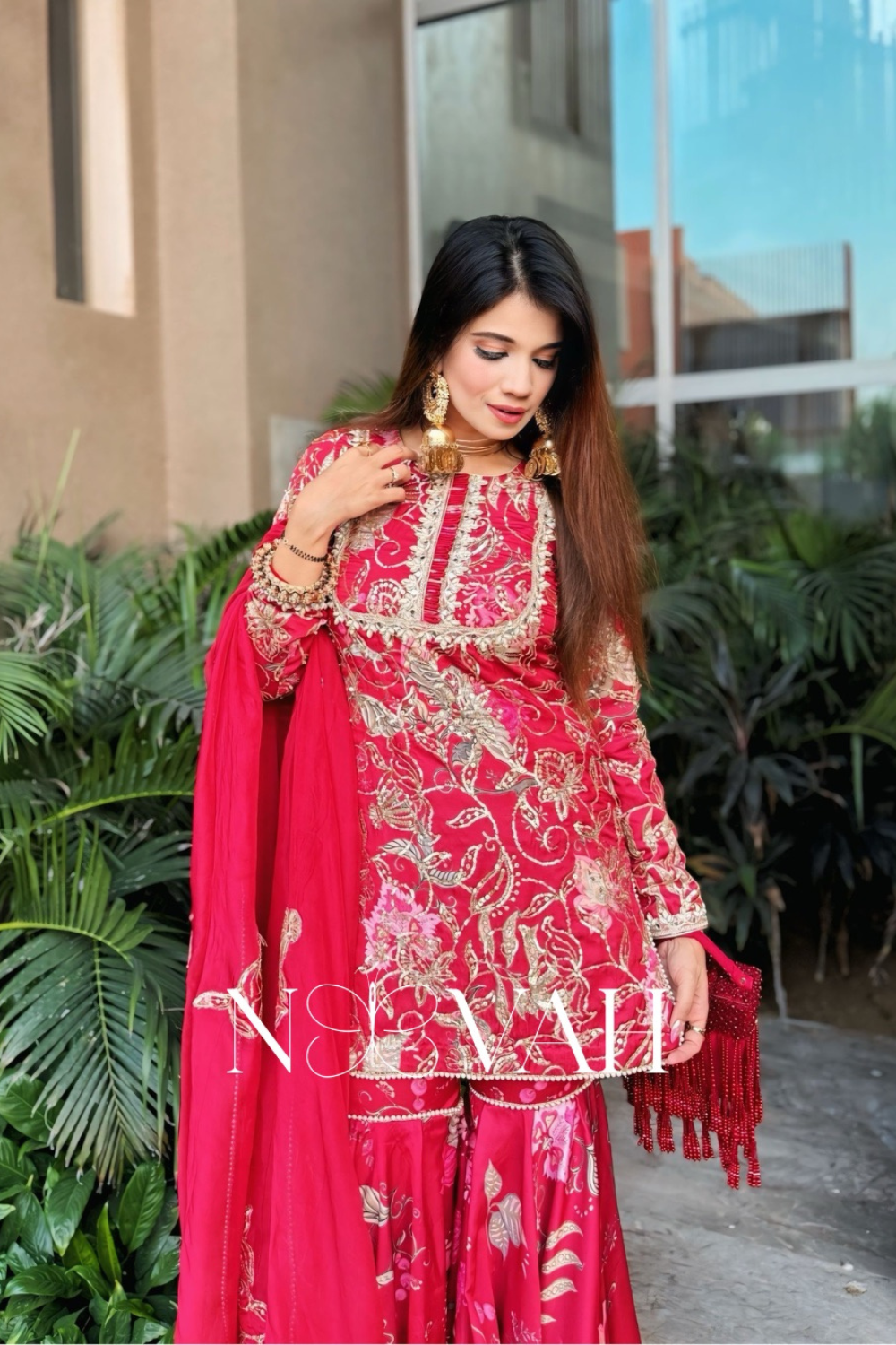 Printed and embriodered gharara suit with patch dupatta