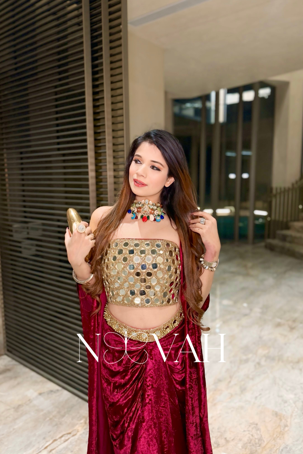 Pure velvet 3 pc cape drape and corset all glass work