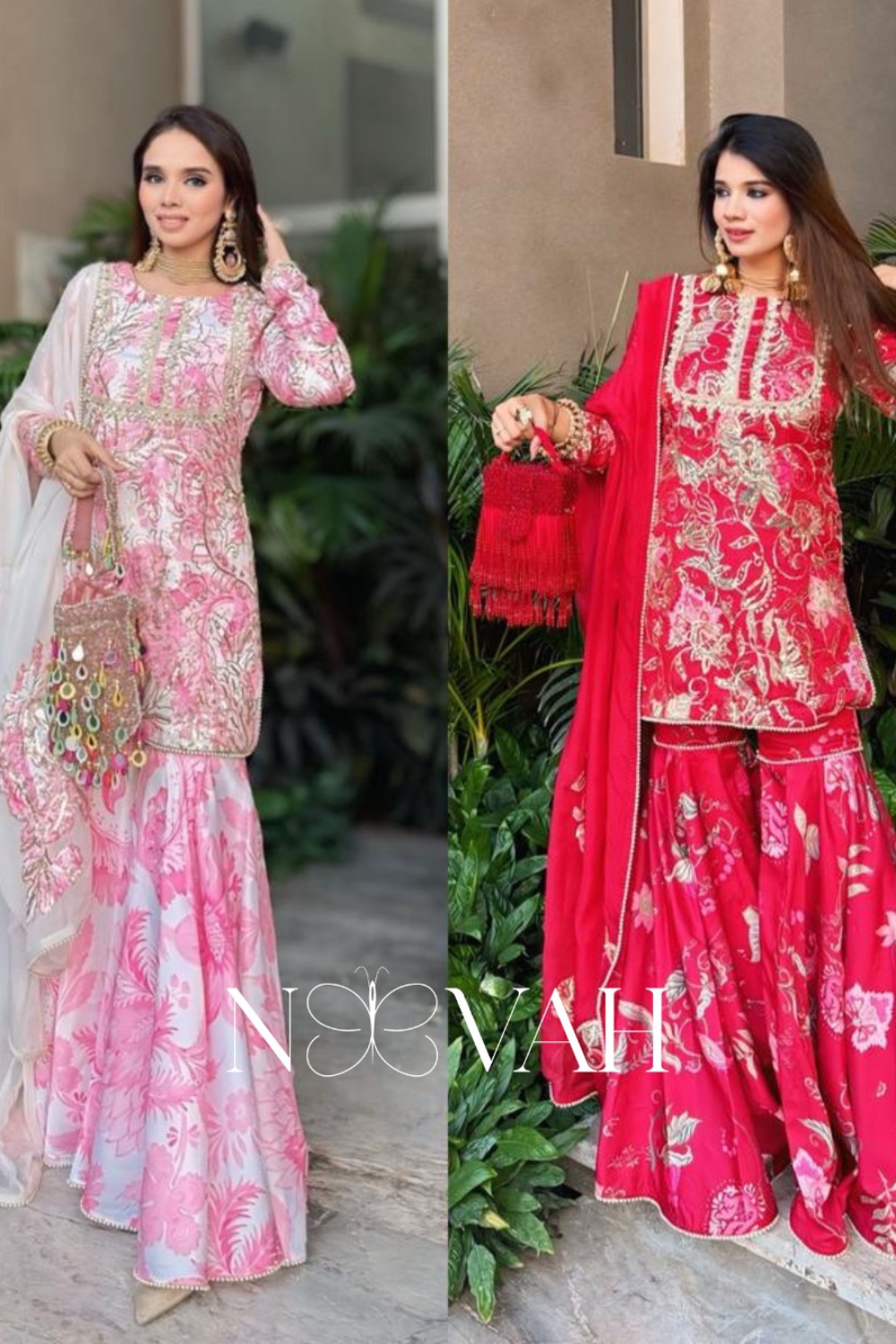 Printed and embriodered gharara suit with patch dupatta