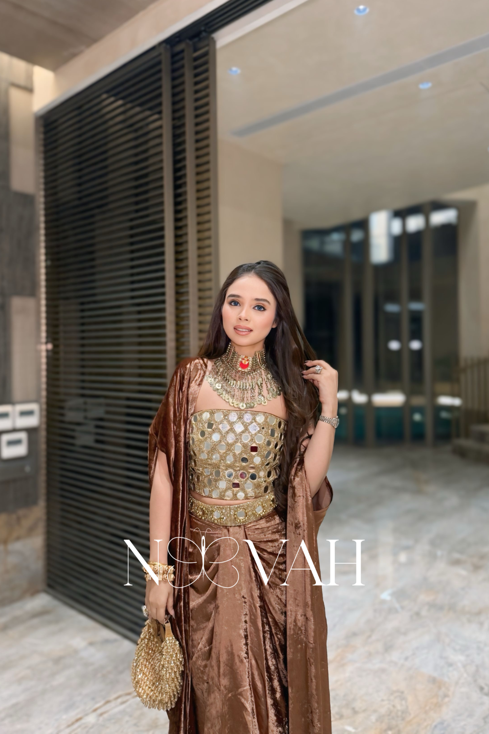 Pure velvet 3 pc cape drape and corset all glass work